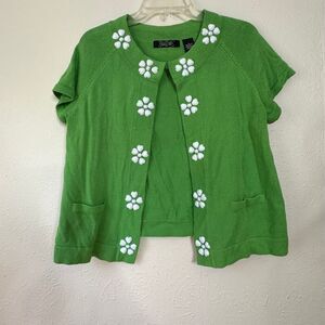 Crystal-Kobe Bright Green Cap Sleeve Cardigan with Floral Button Accents Large